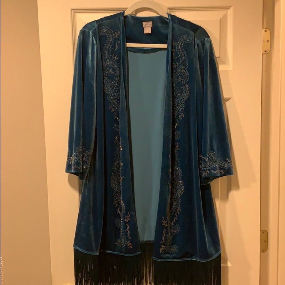Chico’s Long Teal Velvet Jacket